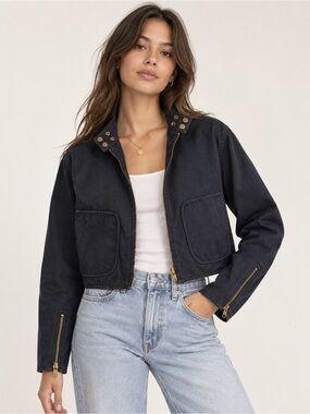 Lioness Crue Jacket Dark Navy Cropped Cotton Moto Utility Jacket S